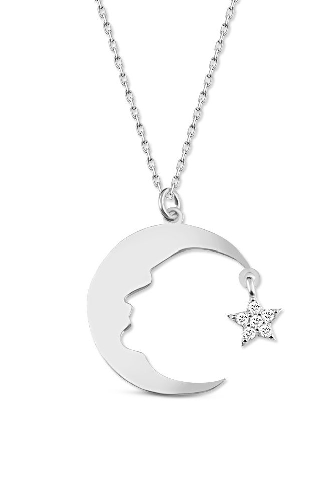 Atatürk Silüeti Taşlı Ay Yıldız Kadın Gümüş Kolye wsn155 - Beyaz