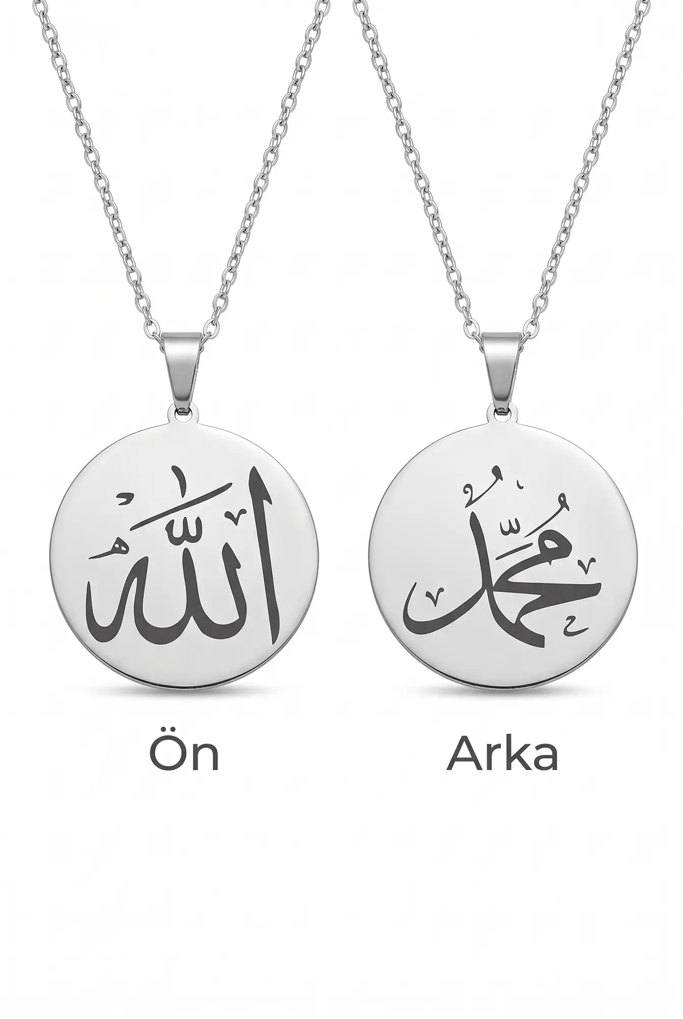 Çift Taraflı Allah Muhammed Yazılı Paslanmaz Çelik Yuvarlak Plaka Kolye eck80