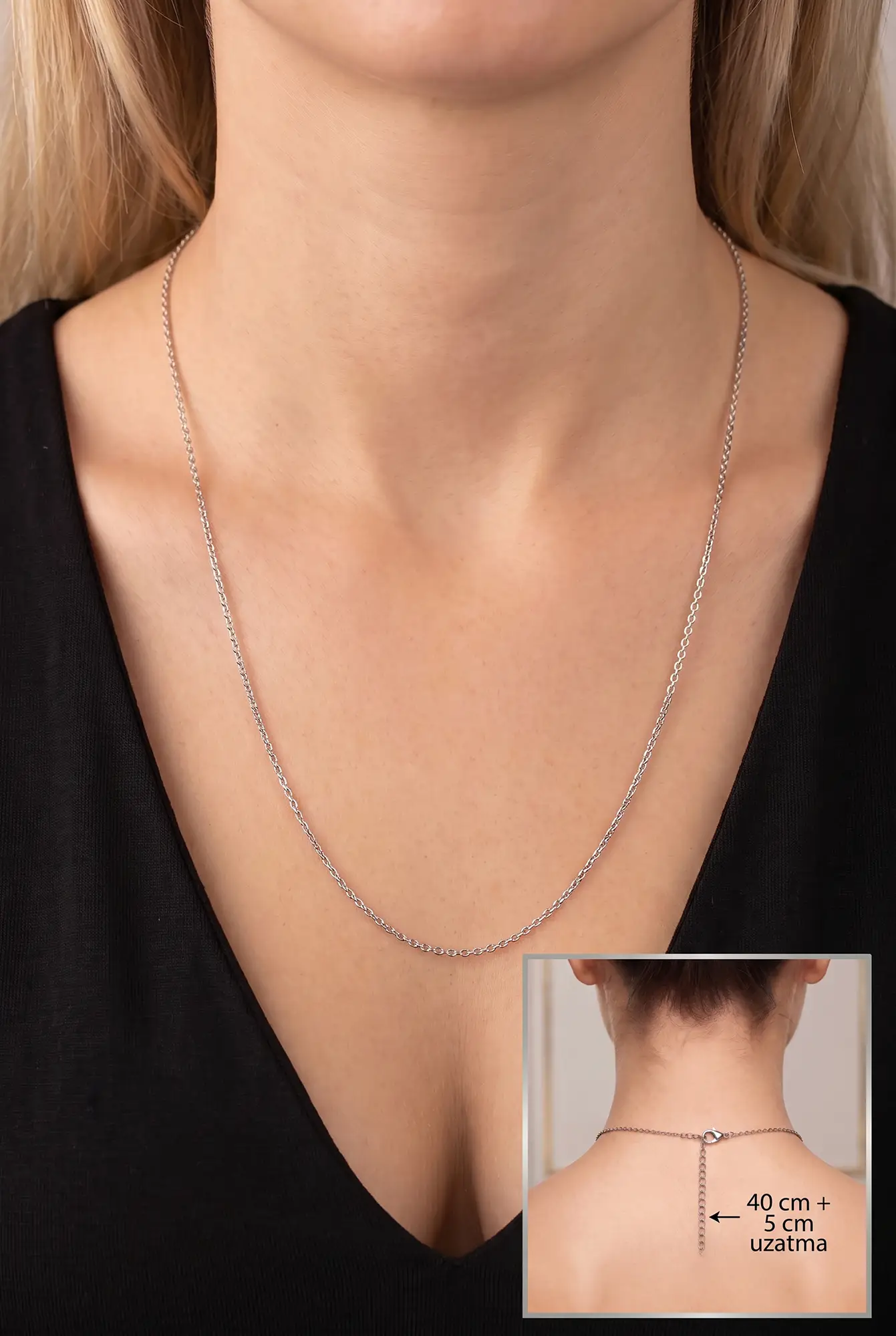 İnce 316L Paslanmaz Unisex Çelik Kolye Forse Zincir 1.6mm 60cm eck44 - Gümüş