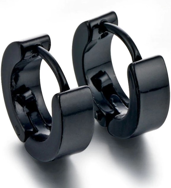 Parlak İnce Düz Unisex Halka Erkek Çelik Küpe Çifti 3mm mse8 - Siyah