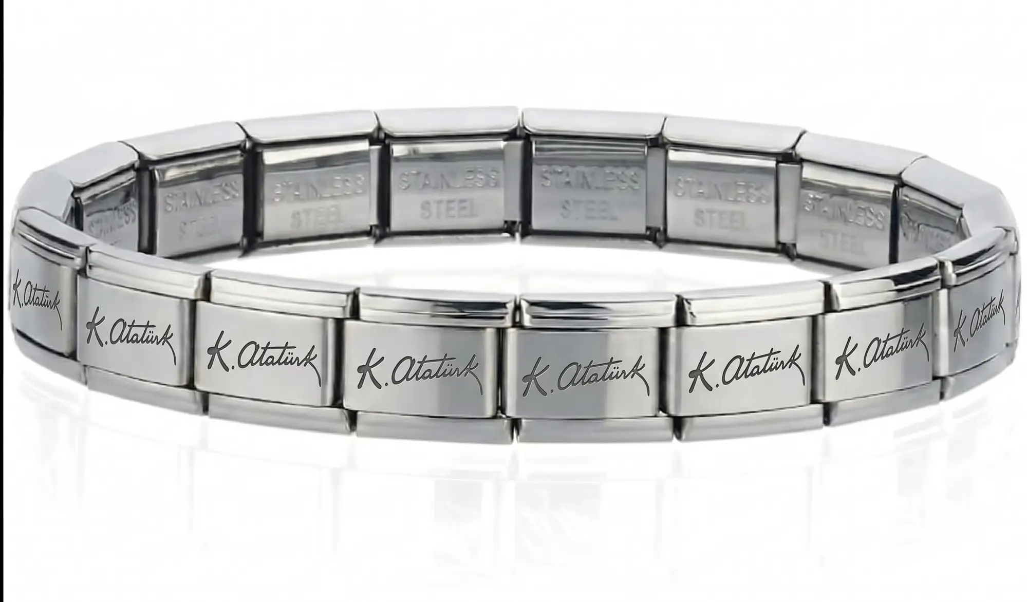 K. Atatürk İmzalı İtalyan Charm Unisex Çelik Bileklik 21cm scb61