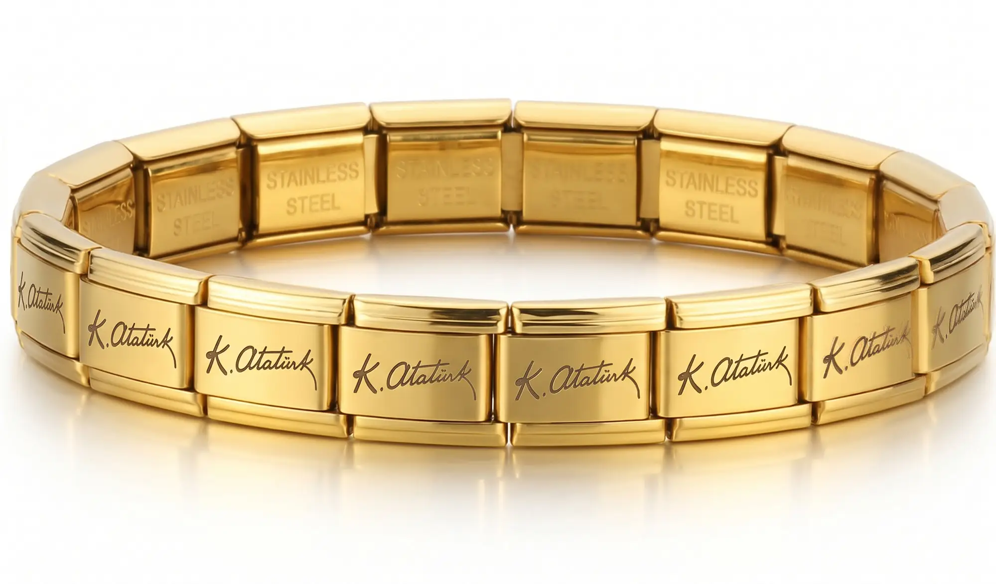 K. Atatürk İmzalı İtalyan Charm Unisex Çelik Bileklik 21cm scb61 - Sarı