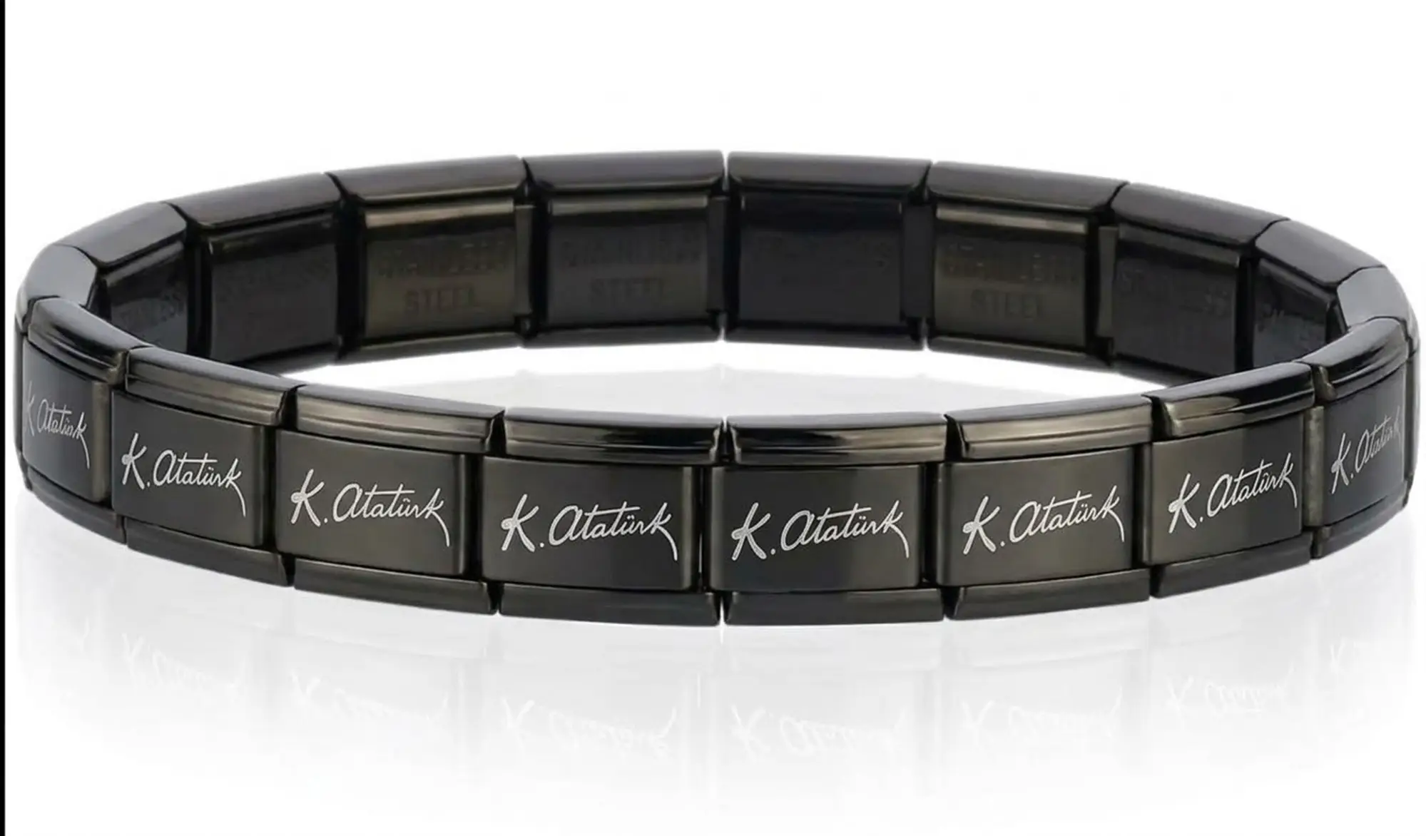 K. Atatürk İmzalı İtalyan Charm Unisex Çelik Bileklik 21cm scb61 - Siyah