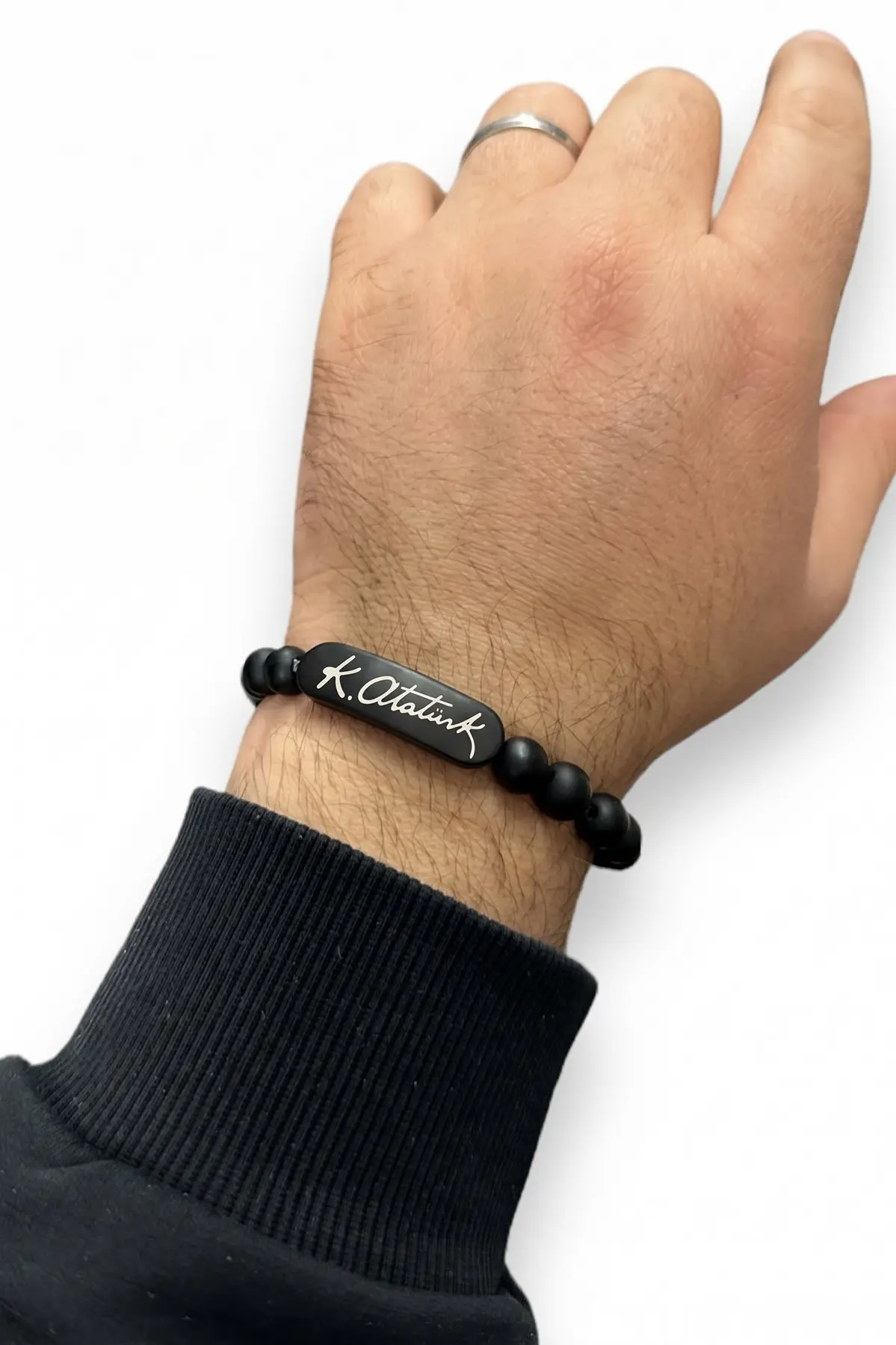 K. Atatürk İmzalı Mat Siyah Boncuk Taşlı Erkek / Kadın Bileklik bbb19cm