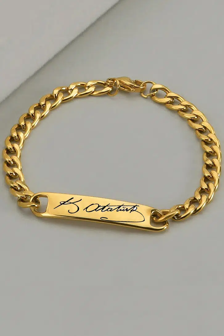 K. Atatürk İmzalı Unisex Kadın Erkek Paslamnaz Çelik Bileklik scb90 - Sarı