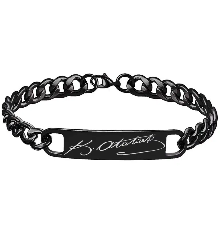 K. Atatürk İmzalı Unisex Kadın Erkek Paslamnaz Çelik Bileklik scb90 - Siyah