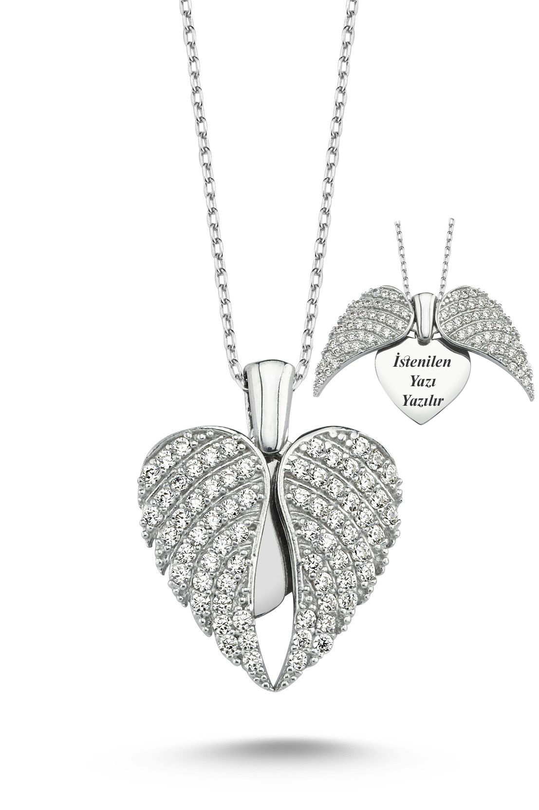 Kanatlı Kişiye Özel İsimli Gümüş Kalp Kolye Sevgiliye Hediye wsn149b - Beyaz