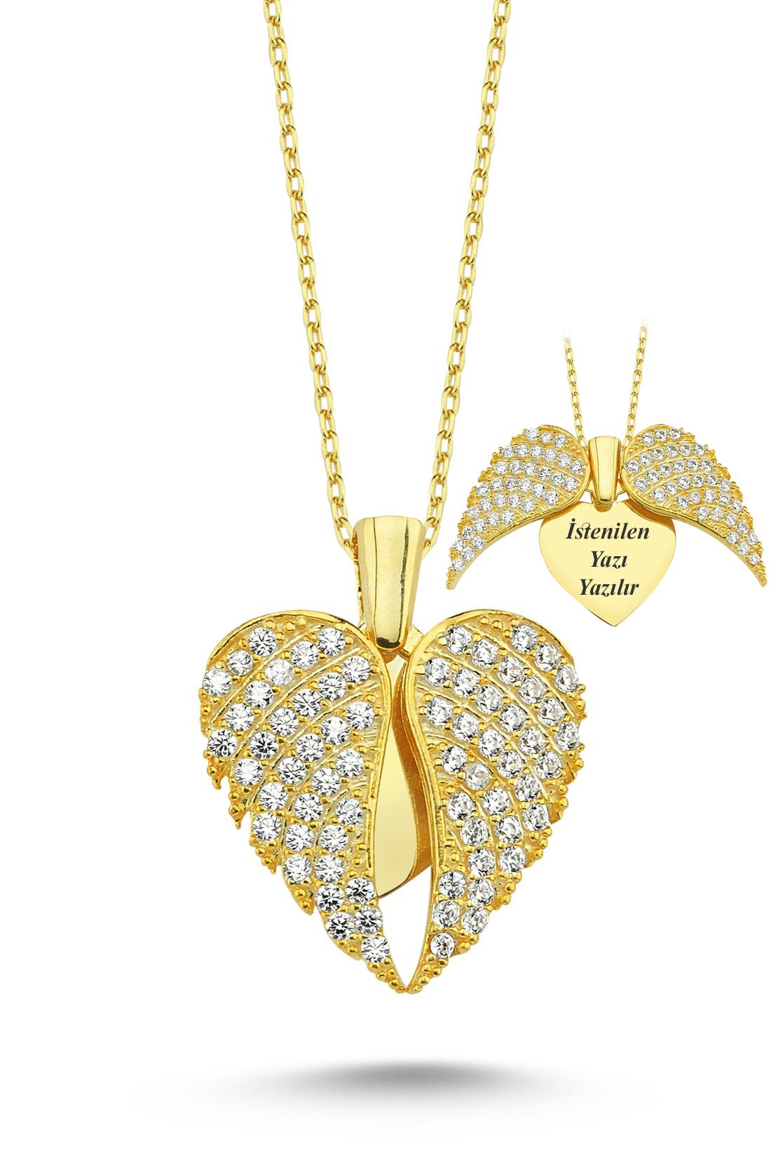 Kanatlı Kişiye Özel İsimli Gümüş Kalp Kolye Sevgiliye Hediye wsn149b - Sarı