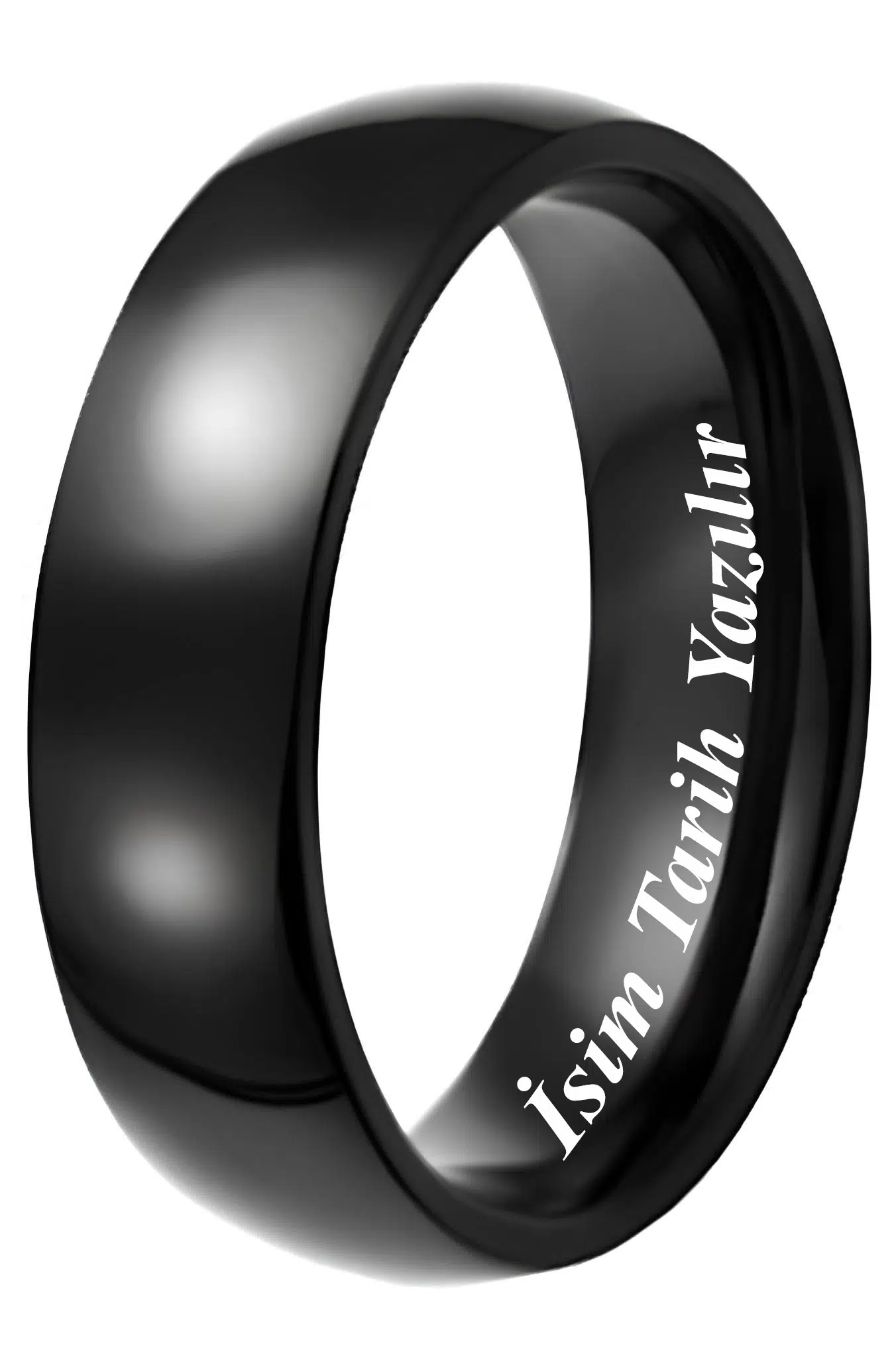 Kişiye Özel İsim Yazılı 6mm Bombeli Parlak Erkek Kadın Çelik Alyans Yüzük tcaKO - Siyah