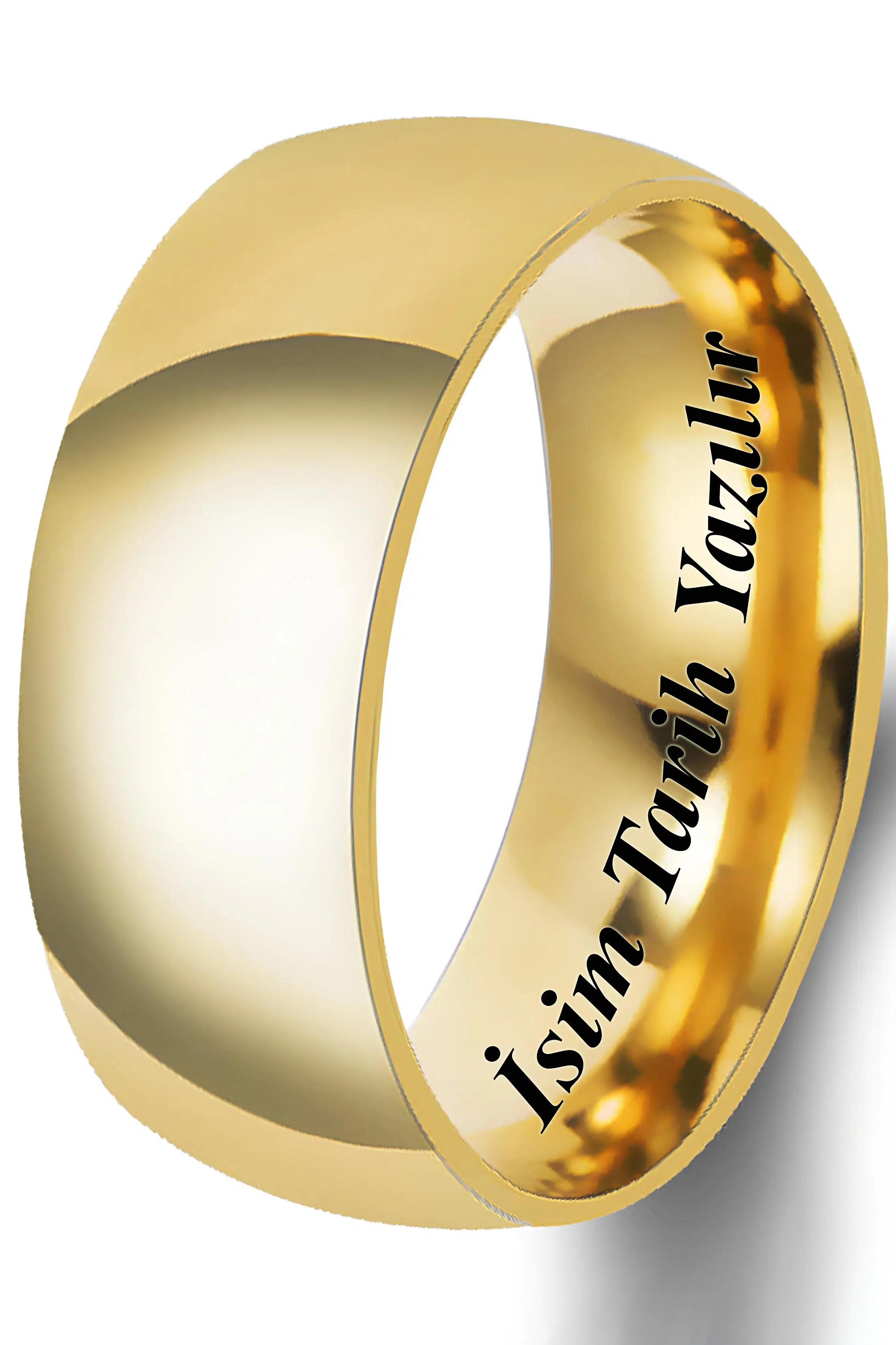 Kişiye Özel İsim Yazılı 8mm Kalın Bombeli Parlak Erkek Kadın Çelik Alyans Yüzük cl19KO - Sarı