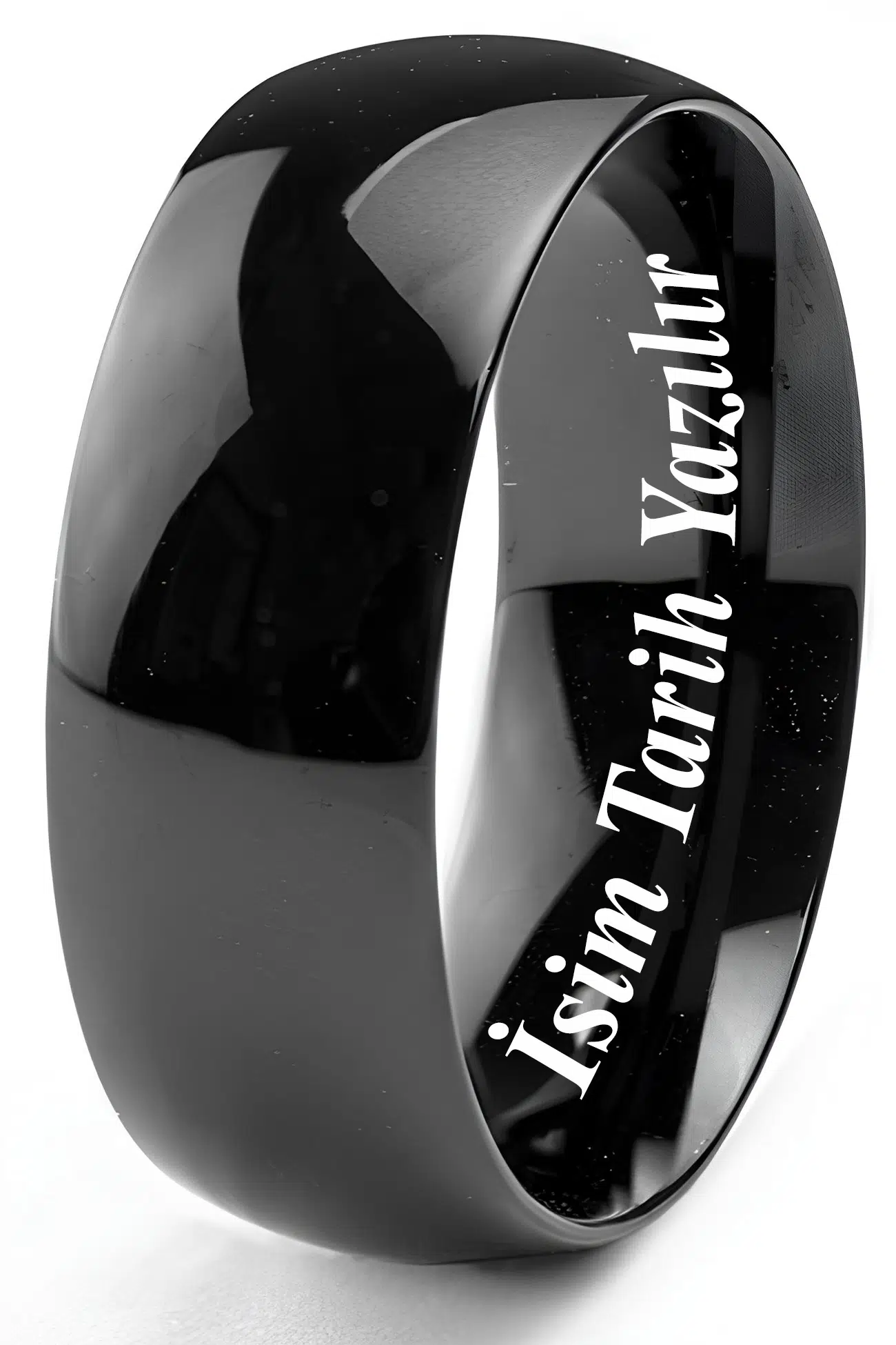 Kişiye Özel İsim Yazılı 8mm Kalın Bombeli Parlak Erkek Kadın Çelik Alyans Yüzük cl19KO - Siyah