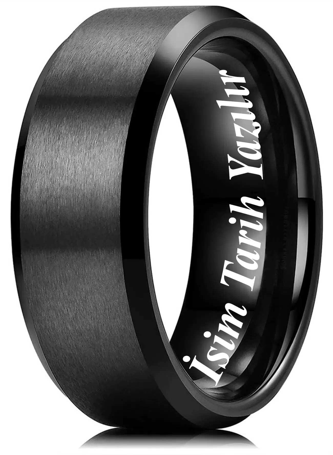 Kişiye Özel İsim Yazılı 8mm Kalın Köşeli Mat Düz Erkek Kadın Çelik Alyans Yüzük cl31KO - Siyah