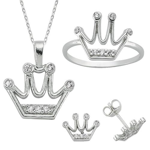 Kral Tacı Taşlı Kolye Küpe Yüzük Bayan Üçlü Gümüş Set yst15