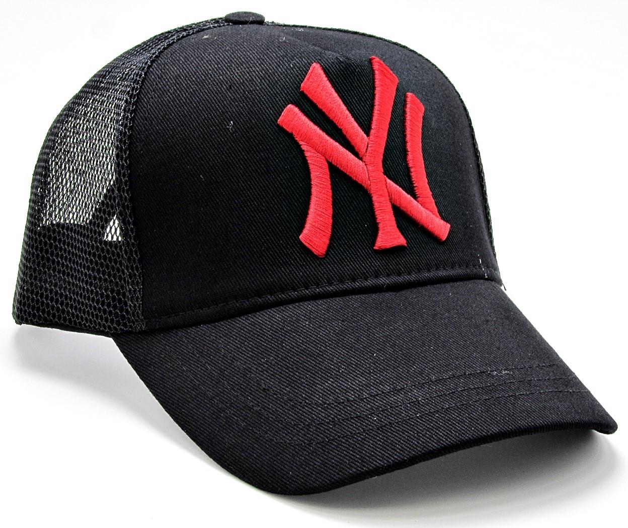 NY Cap Yazlık Fileli Unisex Şapka cp222 - Siyah Kırmızı Yazılı